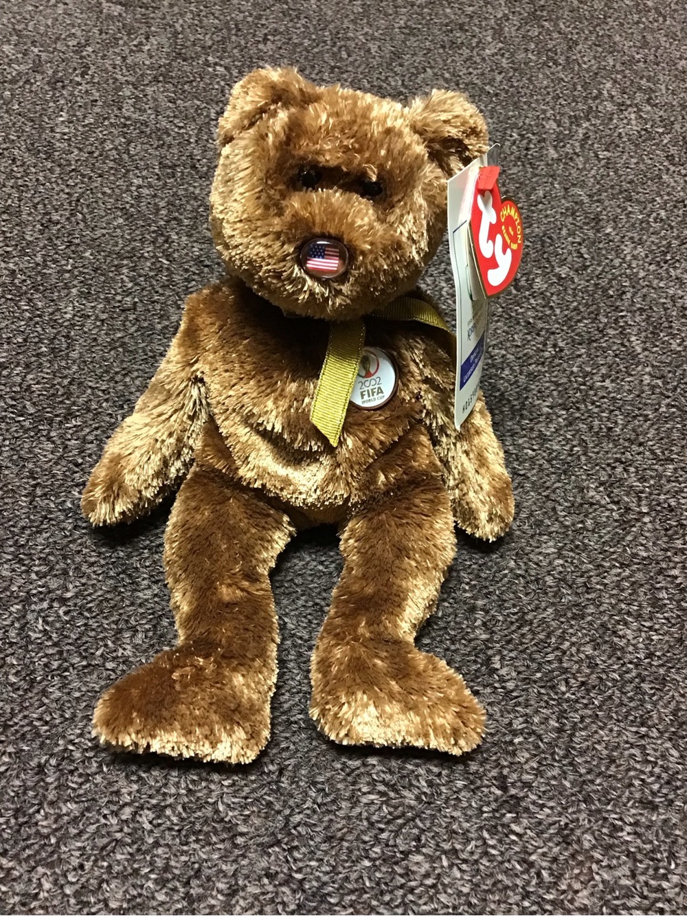 Ty Brown Plush FIFA 2002 Wold Cup, USATeddy Bear with Ribbon and Collectible Tag